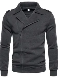 Men's solid color motorcycle style zipper jacket, with a large lapel, diagonal zipper design, thick texture, shoulder epaulets, essential men's jacket, suitable for outdoor, men's jacket, motorcycle style jacket.