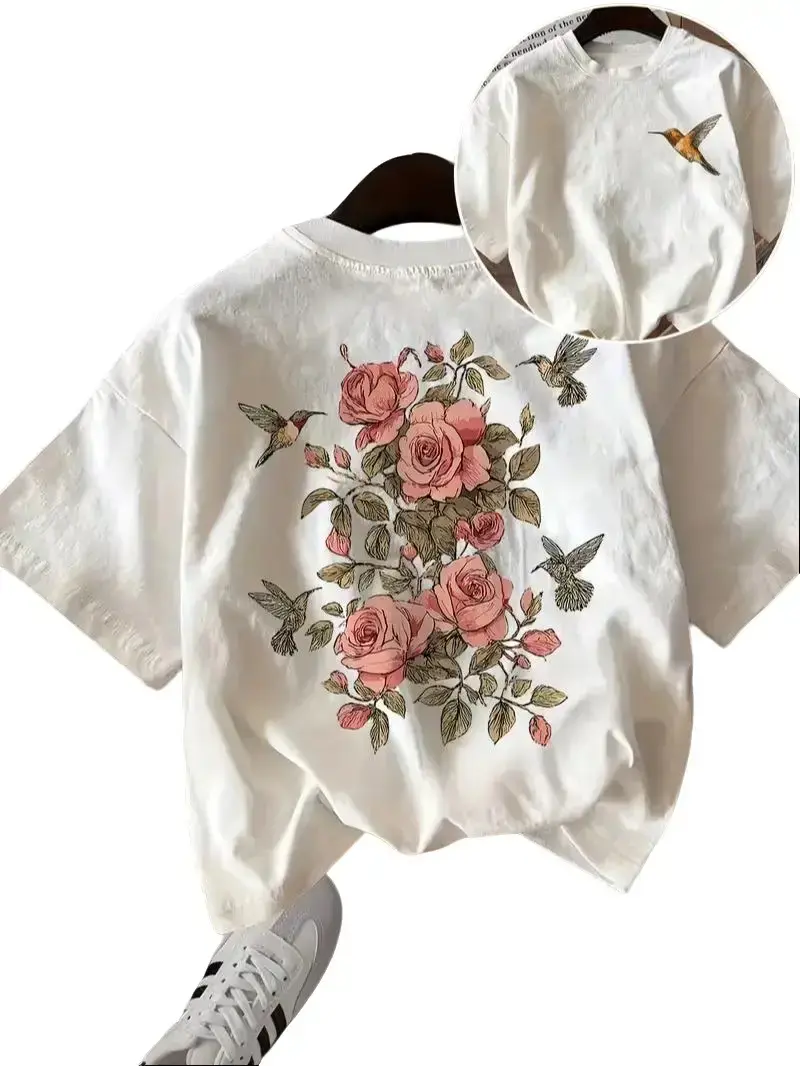 Women's Fitted 100% Cotton Short-Sleeve Floral T-Shirt - Vintage Rose & Hummingbird Print, Breathable Casual Everyday Whimsicore Top