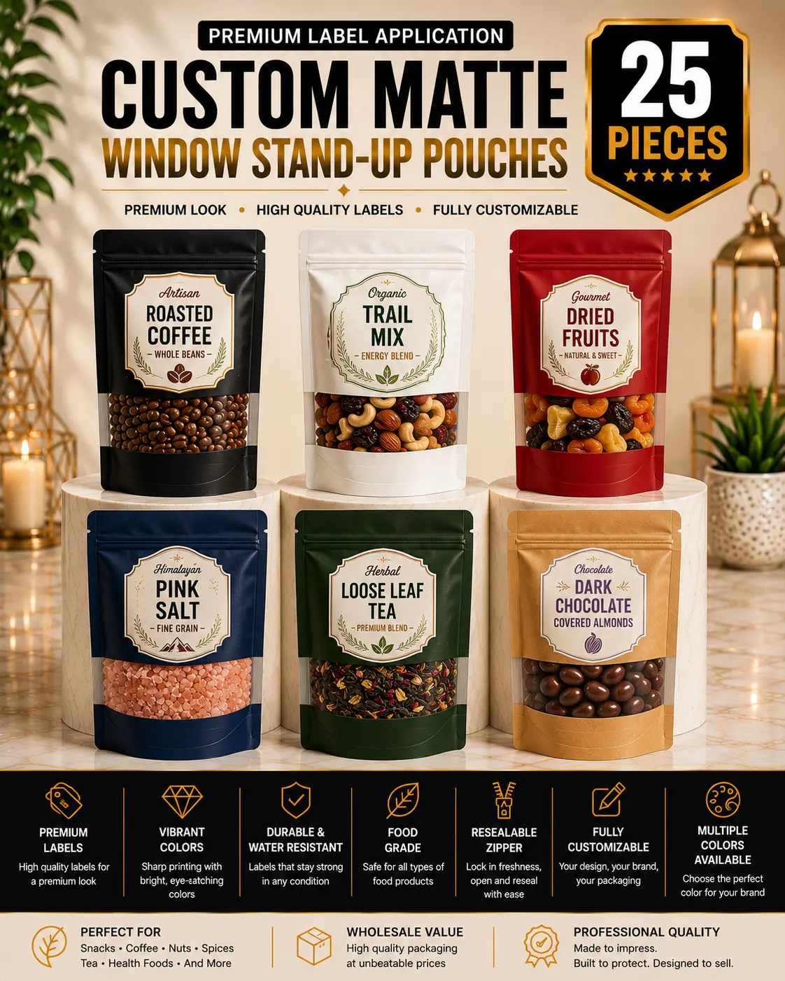 Custom Matte Stand-Up Pouches Window | Premium Label Application | 25 Pieces