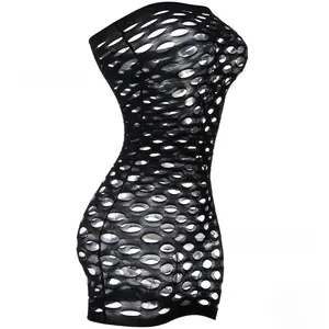 Alluring Stretch Fishnet Mesh Form-Fitting Contour Chemise, Black Strapless Fishnet Chemise for Date Night & Anniversary