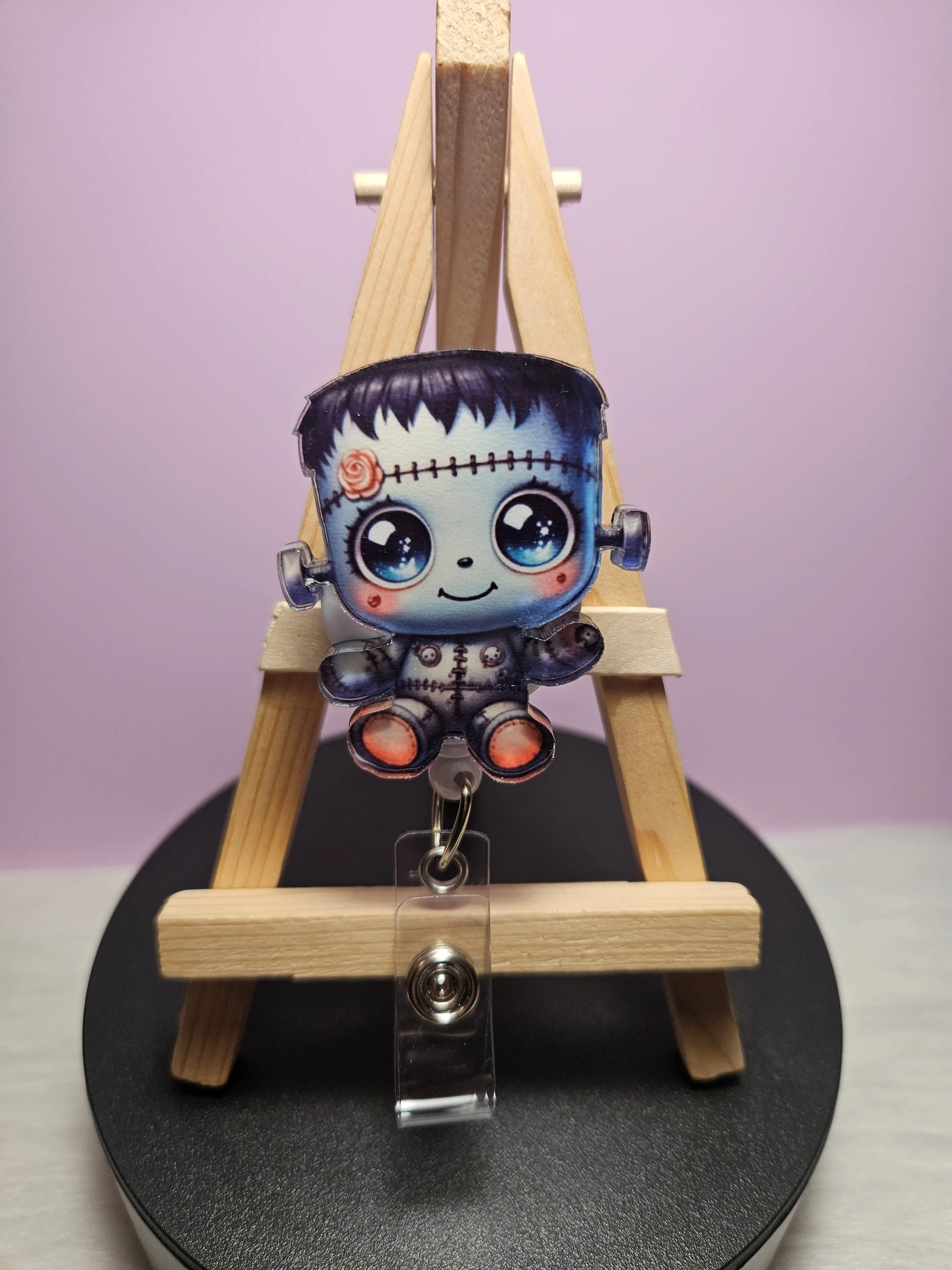 Cute Frankenstein Monster Retractable Badge Reel - Sublimation Print ID Accessory with Acrylic Topper, Epoxy Attachment, Alligator Clip, Belt Clip - Convention-Compliant Gift for Medical Staff, Office Staff, Conventions