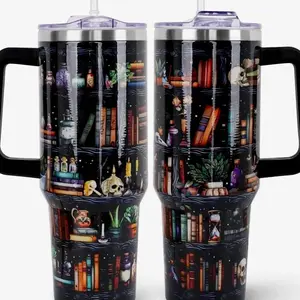 Book Lovers Gifts 40oz Tumbler with Handle and Straw Lid,Vacuum Insulated Leak Proof Tumbler bookish gifts for Women Readers Librarian,Book Accessories Stainless Steel Travel Mug,Skull Bookshelf