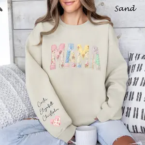 Personalized Mama Faux Patchwork Mama Sweatshirt, Custom Mama Tee With Kids Names, Floral Mom T-Shirt, Mothers Day Gift