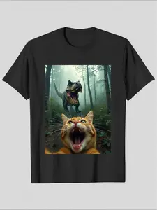 Funny Dinosaur Cat Print Short Sleeve Cotton T-Shirt, Casual Fitted Tee for All Seasons, Fun Cartoon Pattern, Home & Streetwear Essential