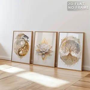 Set of 3 Unframed Tree of Life & Lotus Zen Wall Art, Yin Yang Abstract Canvas Painting Core, Spiritual Meditation Posters, Abstract Art Design, Abstract Art Prints, Modern Feng Shui Wall Decor for Yoga Room, Living Room & Hotel, Rolled Canvas No Frame
