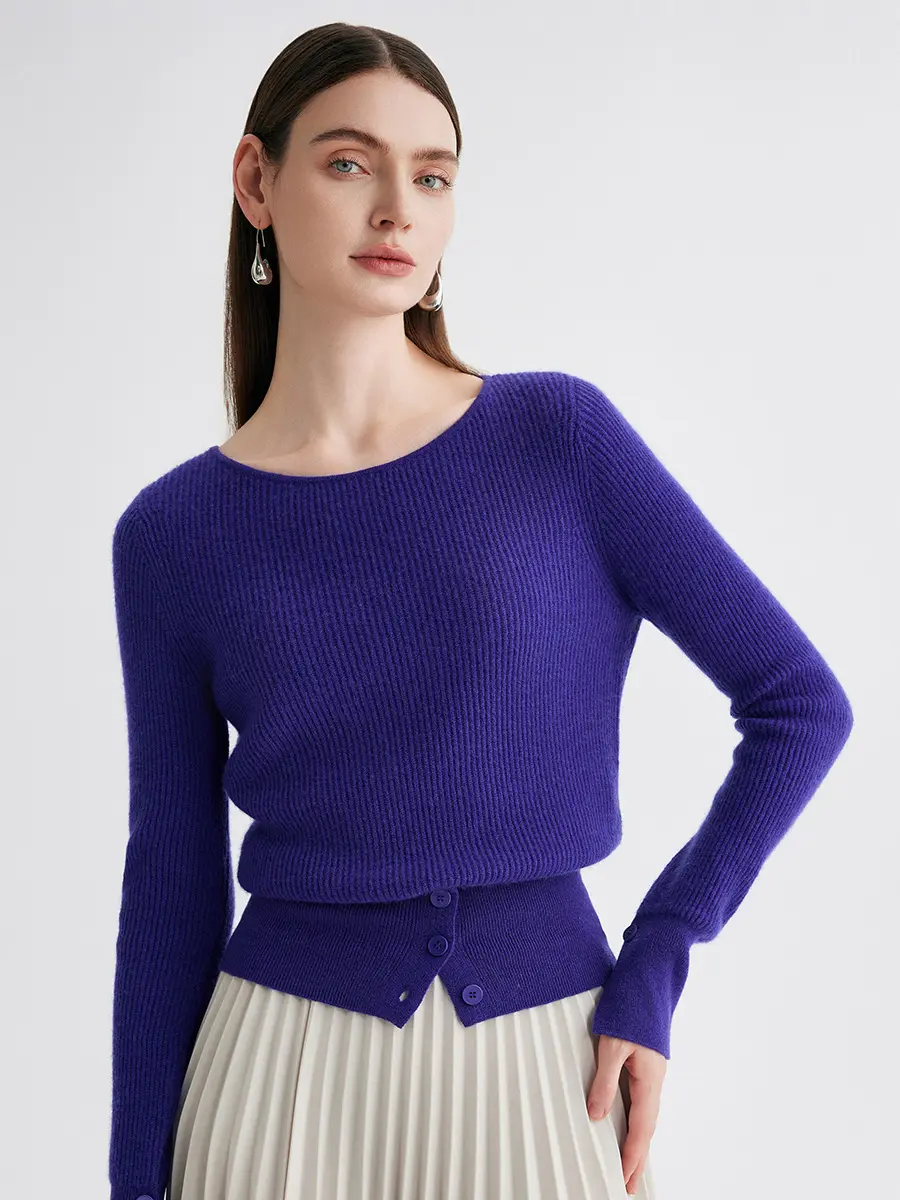 COMOBOCA Women's 100% Cashmere Sweater, Casual Fitted Long Sleeve Crew Neck Pullover with Ribbed Knitting and Button Hem, Casual Wear, Full Sleeves, Medium Length, Solid Plain, Knitwear, Tops, Longsleeves, Regular Fit, Pullover Top, Round Neck