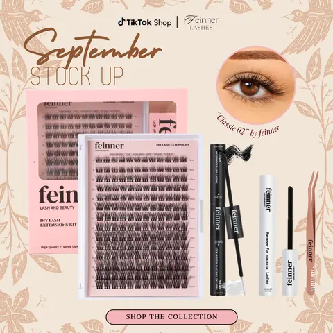 Feinner Classic All-in-1 Bundle Set False Eyelashes & Adhesives Kit - Waterproof DIY Lash Extensions, 0.07mm PBT Fibers D Curl Clusters, Bond, Seal, Remover, Beginner-Friendly for Adults' Long-Lasting Natural Home Makeup, All In One Kit False Eyelashes &