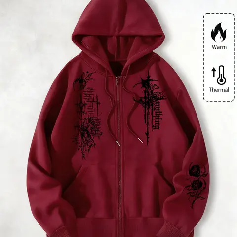 Academic Thorn Rose Original Geometric Print Zipper Hoodie, Fashion Street Style, Perfect for Casual Occasions, Ideal School Choice, Sweatshirts, Streetwear, Geometric Pattern Sweatshirt