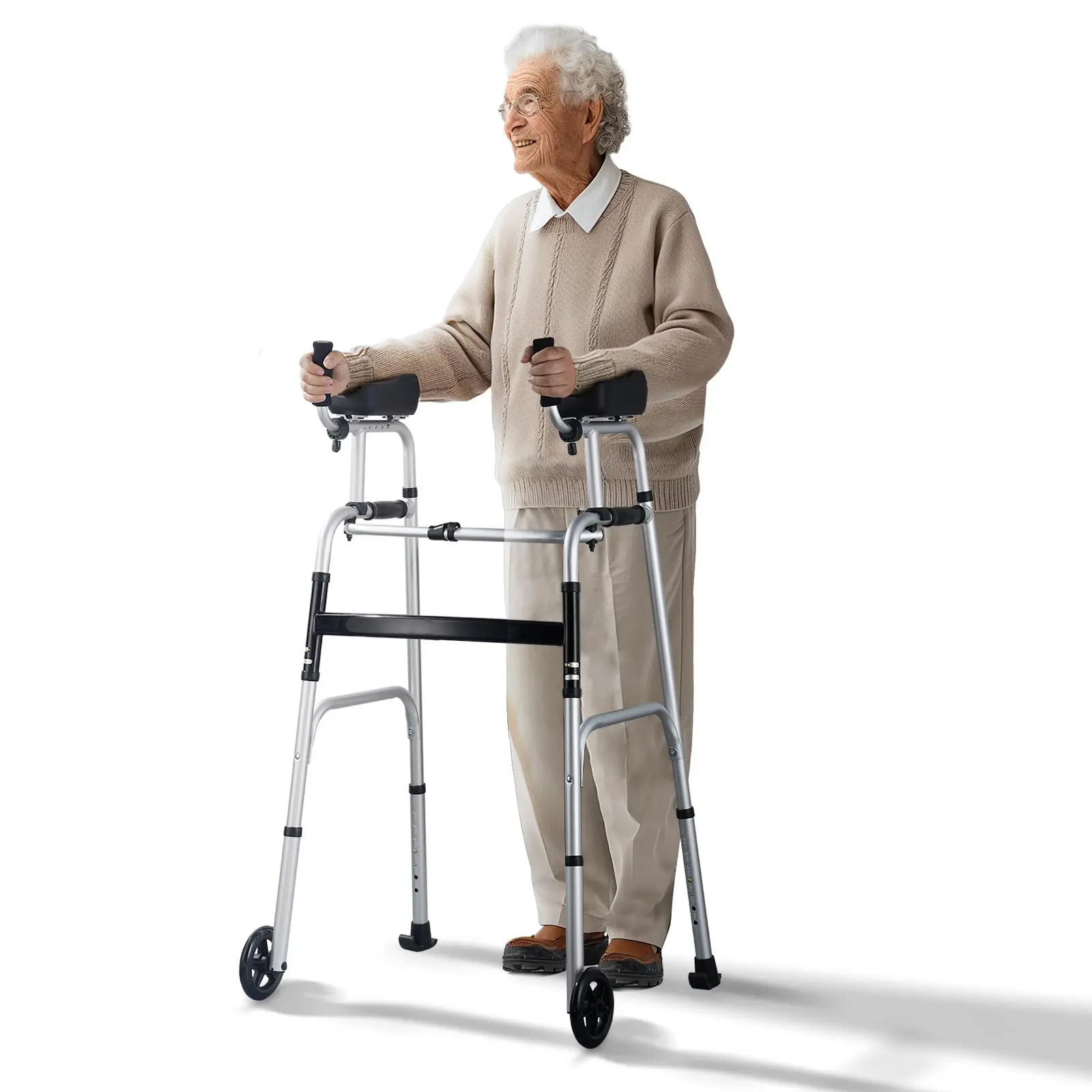 VEVOR Foldable Rollator Walker, 2-in-1 Folding Walker with Removable 4-Level Adjustable Armrest Length, 5" Solid Wheels, Aluminum Frame, 39.6-43.9 Inch Height, Prop 65 Safe Lightweight Mobility Aid for Elderly, 450 lbs