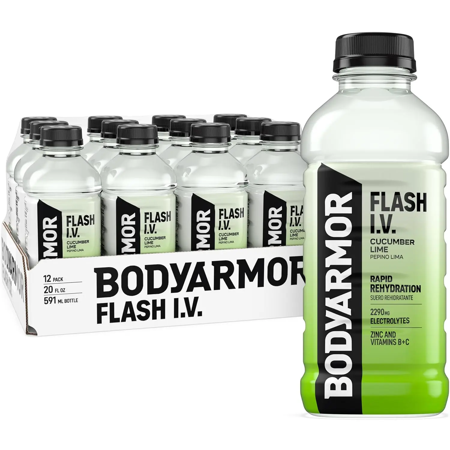 BODYARMOR Flash I.V. Electrolyte Beverage, Cucumber Lime, Hydration Drink with Coconut Water For Rapid Rehydration, Post Workout Recovery, 20 Fl Oz (Pack of 12)