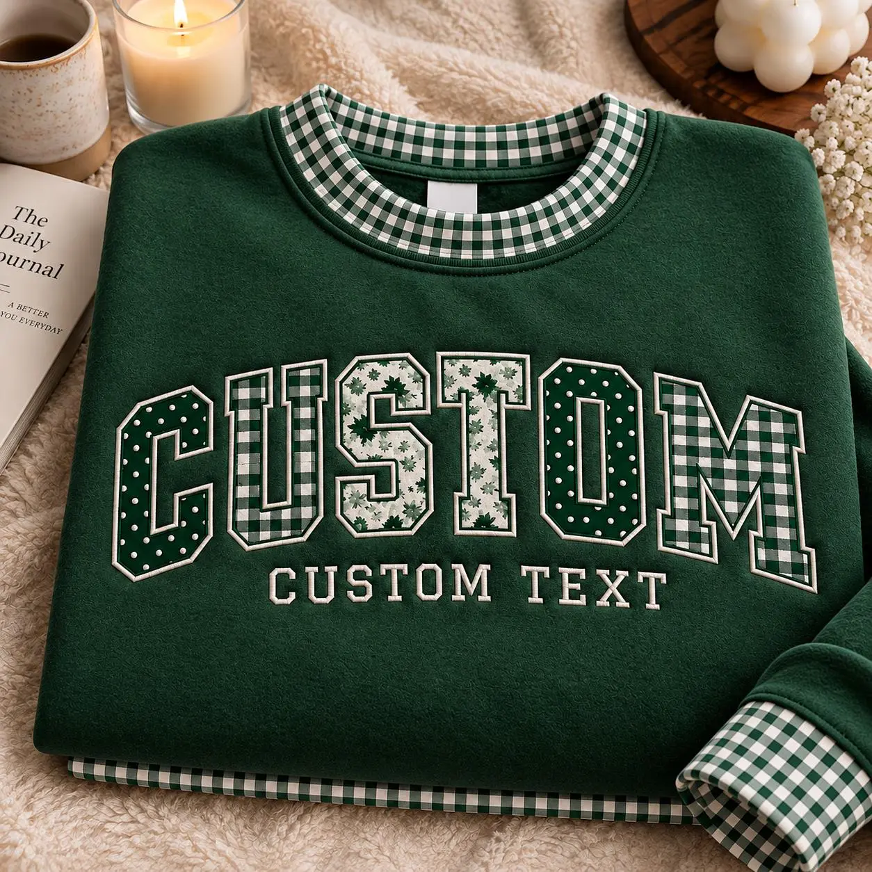 Embroidered Custom Varsity Applique Gingham Caro Sweatshirt, Personalized Name College Mock Neck, Preppy Pullover Hoodie,Patchwork Tee Gifts