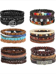 28Pcs Mens Braided Leather Bracelet for Men Women Wooden Bracelet Beaded Tree of Life Bracelet Handmade Cuff Wrap Stackable Bracelet Adjustable