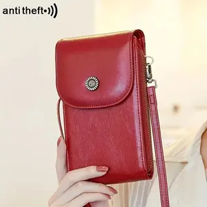 RFID Blocking Retro Mobile Phone Bag Fashionable Vertical Crossbody Wallet Passport Ticket Credit Card Holder with Adjustable Shoulder Strap Fits Large Screen Phones Leather Satchel Casual Flap Pocket