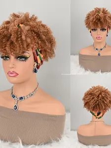 African Print Headband Wig, Honey Blonde Curly Synthetic Hair, Medium Length, No Glue, Easy Wear, All Seasons, Coily Style, Glueless Wig, Curly Hair Wigs, Coily Textured Wigs