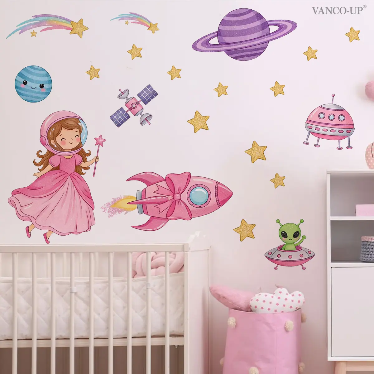 1Pc (30*90cm) Pink Space Princess Self-Adhesive Decorative Wall Sticker, Wall Decals, Wall Decor for Kids Bedroom, Girl Room Accessories