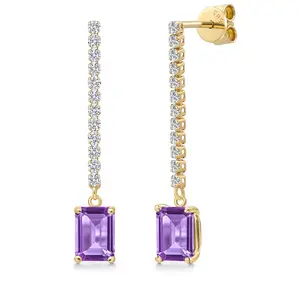 Gem Stone King 14K Yellow Gold Emerald Cut 7X5MM Gemstone Birthstone and Lab Grown Diamond Dangle Earrings for Women