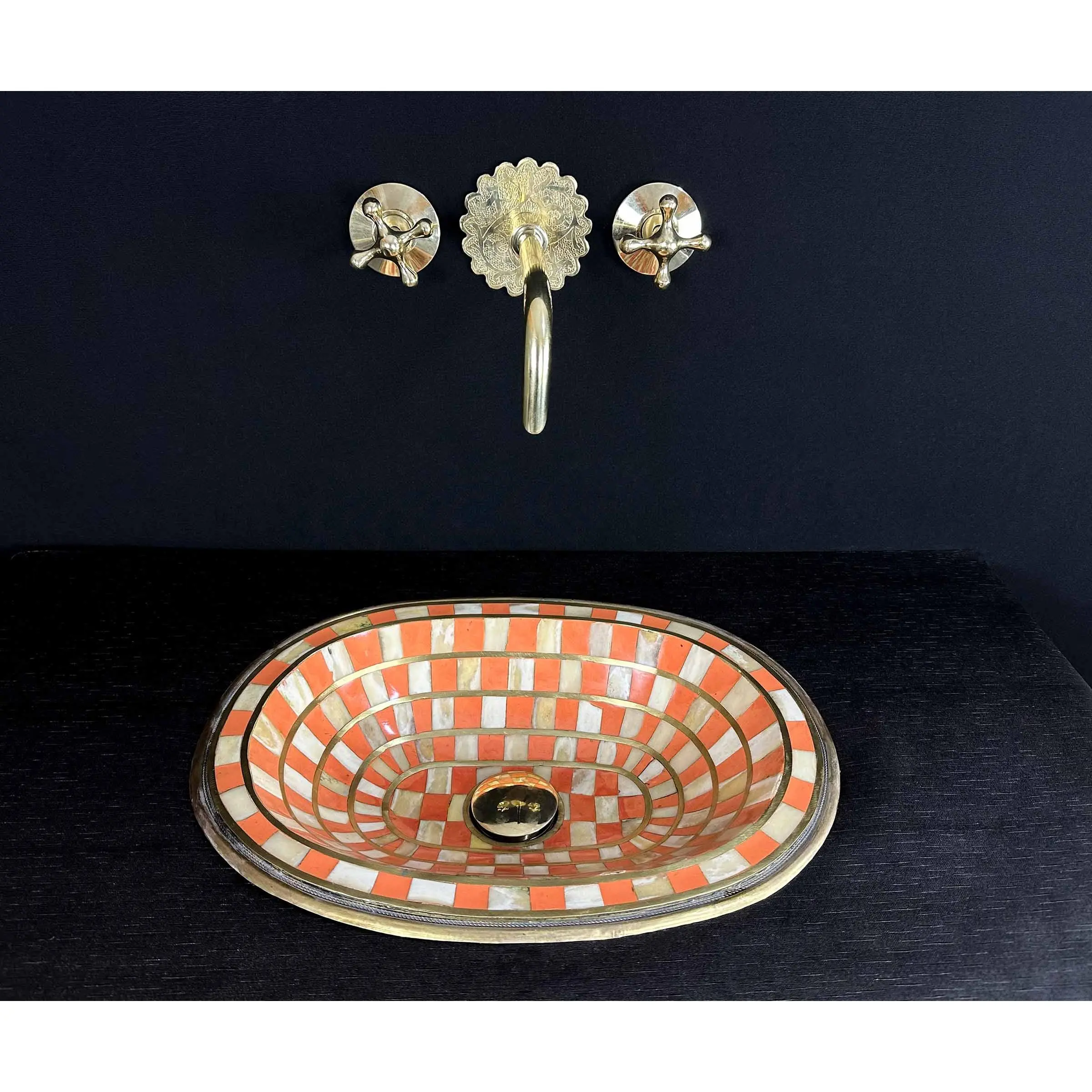 Handcrafted Brass Sink with Orange Resin and Bone Inlay