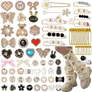 X-BY60  80 Pcs Charms For Socks, Junk Sock Charms Pins, Sneaker Charms Sock Jewelry Charms Pins Kit, Pearl Rhinestone Brooches And Pins For Women, Gold Bling Safety Pins Button For Shoe Sock Hat Clothes Decor