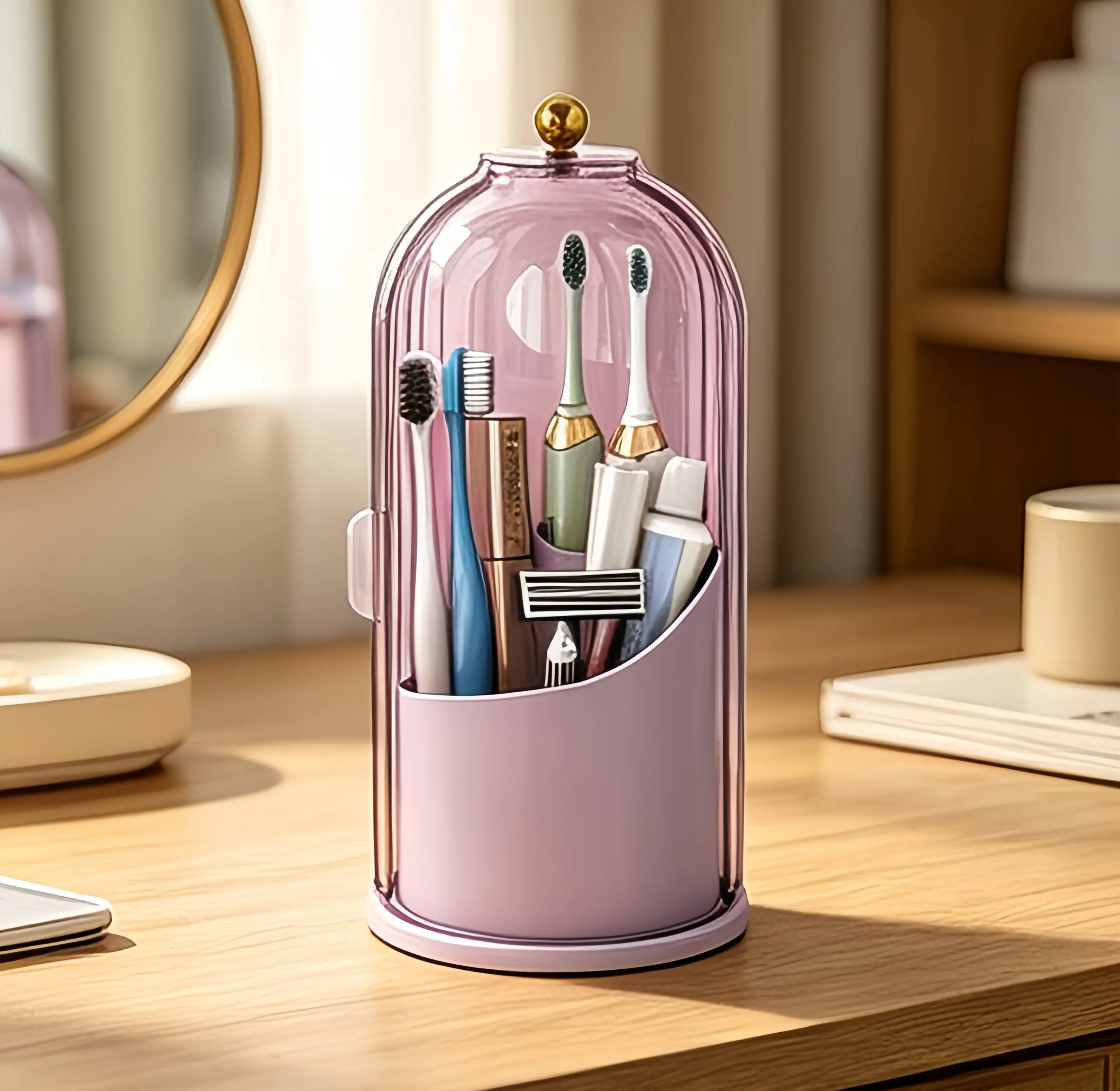 Transparent Pink Dome Dust Cover Rotating Toothbrush Holder, Multi-Grid Bathroom Vanity Organizer for Electric Toothbrushes, Toothpaste & Razors, Waterproof Dustproof Countertop Toiletry Storage Caddy