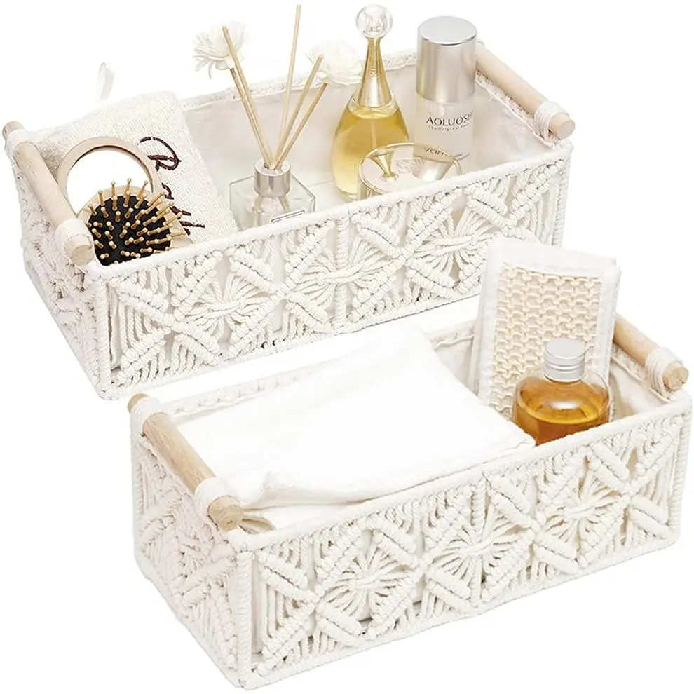 2 Pack Macrame Storage Baskets, Boho Woven Decorative Organizer Baskets with Wooden Handles, Countertop Storage Caddy for Toilet Paper, Bedroom, Nursery, Living Room & Entryway Decor