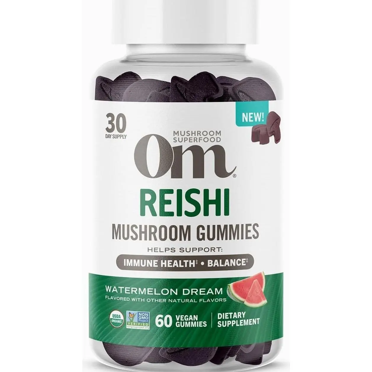 OM MUSHROOM SUPERFOOD Reishi Gummies – USA Grown Organic Mushrooms – Supports Immune Health, Balance & Stress Relief – Watermelon Dream Flavour – 30 Servings, 60 Count.