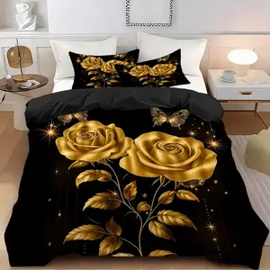 2/3 Pcs Golden Rose Butterfly Luminous Decorative Duvet Cover Set,Soft,Breathable 100% Polyester Fiber,High-Definition Digital Printing,Suitable For All Seasons!Perfect Gift,Suitable For Family,Machine Washable(1 Duvet Cover+1/2 Pillowcase,No Filling)