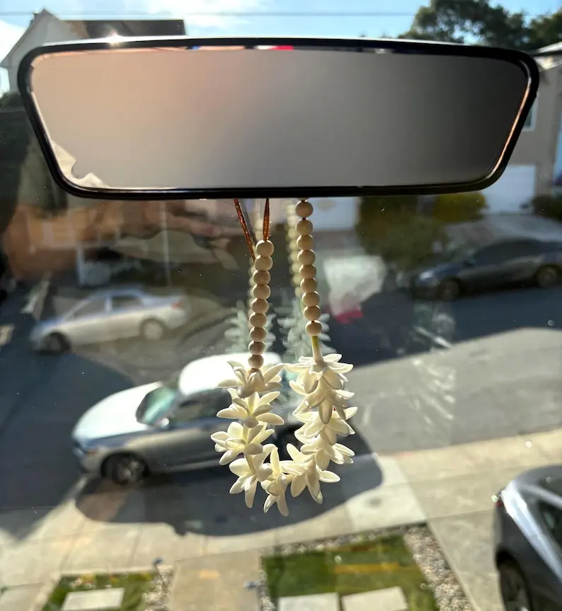 White Pikake Flower and Sandalwood Car Lei, 18" Rearview Mirror Charm