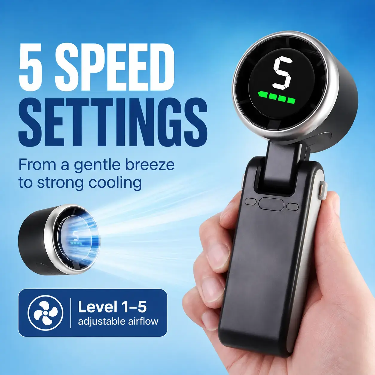 Handheld Portable Turbo Fan,with LED Display, USB Rechargeable Personal Cooler with 5 Speeds, Foldable Portable Fan for Makeup, Office, Outdoor,Travel