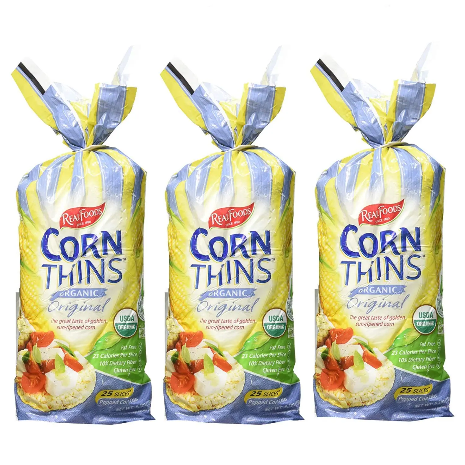 Real Foods Organic Original Corn Thins Corn Cakes USDA Organic Golden Sun-Ripened Snack Food 5.3 oz