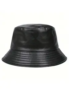 Unisex PU Leather Solar Bucket Hat, Casual Asymmetrical Design, Outdoor Sun Protection, Suitable for Spring & Fall Travel Beach Vacation