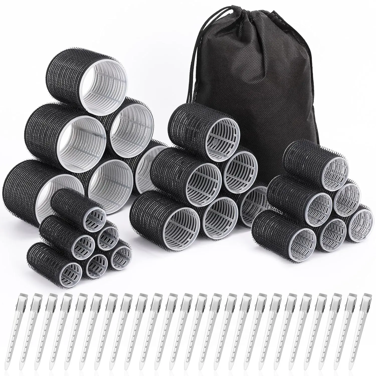 Halloween Fall Gift Hair Curlers Set with 24 Rollers (6 Jumbo, 6 Large, 6 Medium, 6 Small) and 24 Clips for All Hair Lengths (Black)