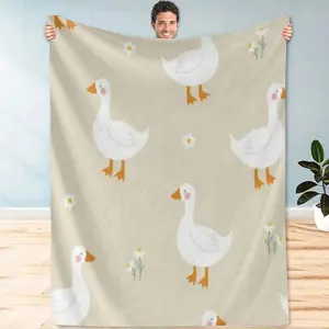 1pc Cartoon Goose Blanket - Soft Flannel Throw With White Geese And Daisies Design, Sofa,, Office, Camping, Bed, Travel & Living Room, All-Season Use, Allseason Throw Blanket |   Playful Design |   Fiber, Goose, Birthday Mother's Day Size