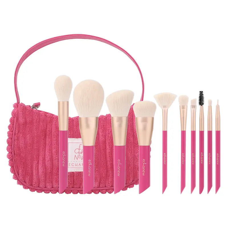 ECHANEW Professional Soft Makeup Brush Kit, With Pink Plush Makeup Bag, 10 pcs/set Fixed Makeup Brush, Comfortable Grip, Suitable For Women And Girl Makeup Tools
