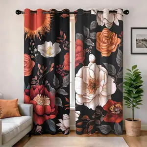 Boho Floral Blackout Curtains for Bedroom, Flower Patterned  Curtains Mid Century Botanical Printed Black Out Curtain 84 Inch Length 2 Panels for Living Room Grommet Top Bohemian Decor