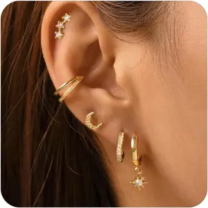 5 Pairs 14K Gold Stud Hoop Earrings Set for Women Hypoallergenic 925 Sterling Silver Post Dainty Huggie Cuff Earring Sets for Multiple Piercing Stacks Trendy Women Fashion Jewelry Gifts