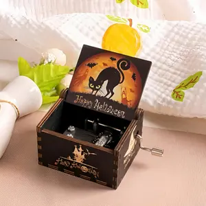 Halloween Color Printed Engraved Music Box Wooden Music Box Creative Gift for Birthday Presents