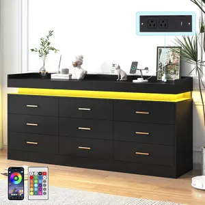 9 Drawer Dresser with LED Light and Charging Station, Modern Chest of Drawers for Closet, Wide Drawer Organizer Cabinet for Bedroom, Living Room, Entryway, Hallway (Black/White)