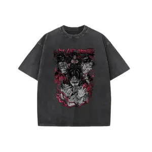 Vintage Jujutsu Kaisen Anime Character Collage Graphic Tee, Black Acid Wash Oversized Crew Neck T-Shirt, Unisex Anime Lover Gift for Friends & JJK Fans