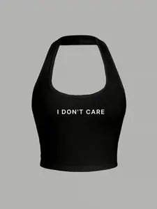 Casual Slim Slogan Print Short Tank Top Womenswear for Summer Holidays, Sleeveless Fitted Knit Top, Y2K Style Letter Pattern, Ideal for Warm Weather