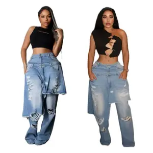 Catch Me If You Can Layered Skirt Pant Cozy Oversized Stylish Denim Women's Wear with Ripped Details and High Waist Fit