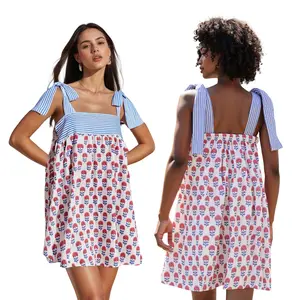 Women's Summer Short Cami Dress Sleeveless Open Back Tie Shoulder Floral Dress with 2 Pockets