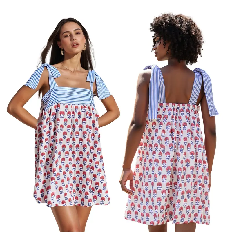 Women's Summer Short Cami Dress Sleeveless Open Back Tie Shoulder Floral Dress with 2 Pockets