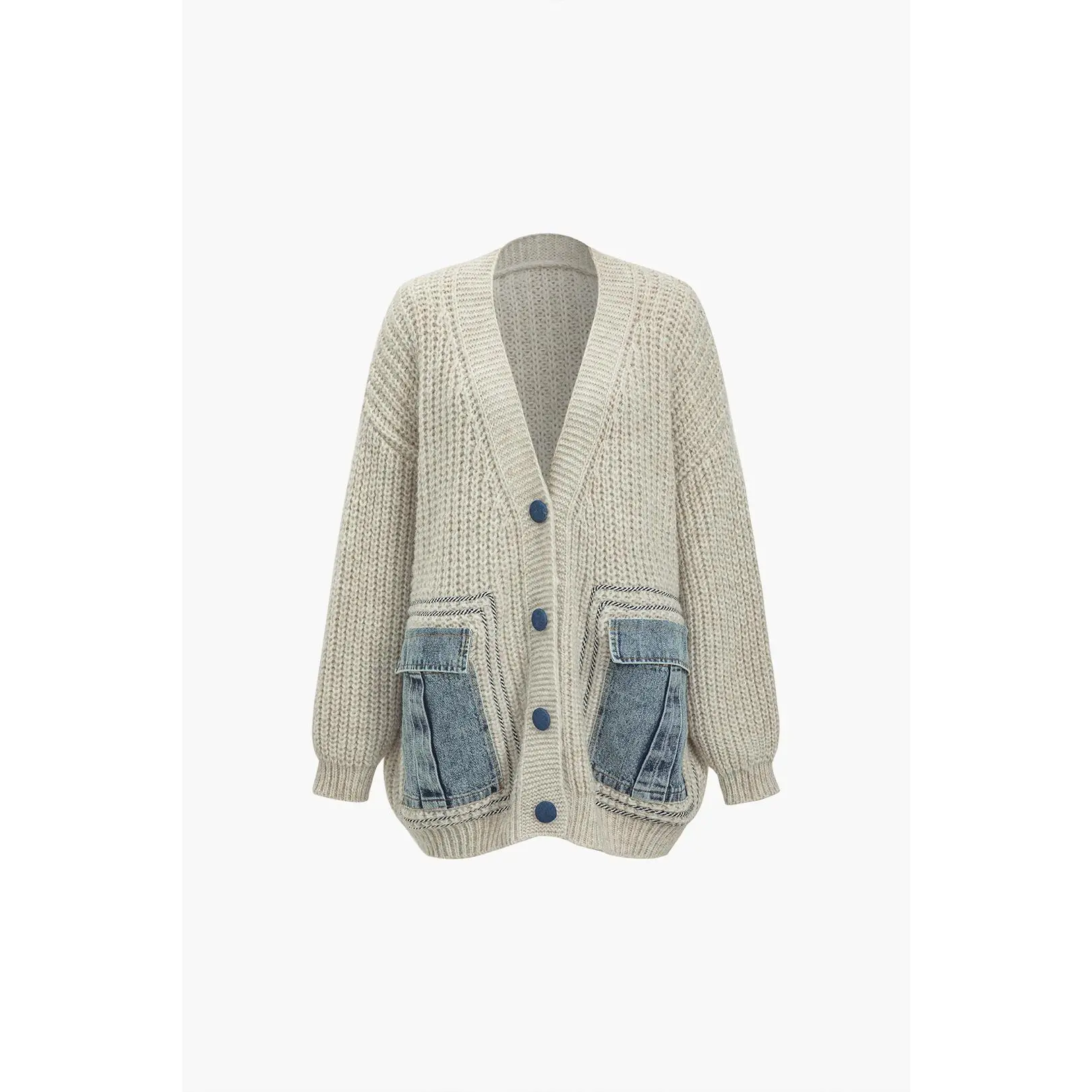 Denim Patchwork Button Pocket Sweater Cardigan