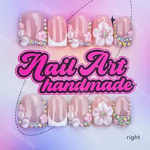 Delicatething Y2K Style Duckbill Square Nail Tips, Handmade Wearable Nails, 4 Sizes XS S M L, Colorful Diamonds, Flowers, French Design, Nail Art Design