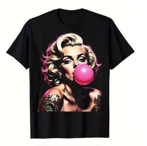 Men's Vintage Pin-Up Tattoo Graphic T-Shirt - Soft Cotton Crew Neck, Black with Bubblegum Design, Casual Summer Tee, Perfect for All Seasons and Gifts Golf Gift T-Shirt For Men and Women Humorous Graphic Tee heavyweight short sleeve Cotton Printed Crewne