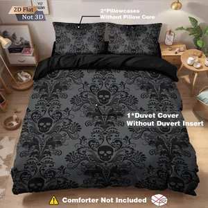 3-piece set (1 duvet cover+2 pillowcases, no core), Duvet cover sets, Gothic Pattern, dark gothic style horror skull pattern printed duvet cover set, suitable for home bedrooms, student dormitories, e-sports hotel decorat