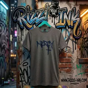 Rizzi Ink Mercy T-Shirt - Gray Crew Neck Short Sleeve with Bold Lettering Design for Men