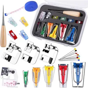 Bias Tape Tool Kit with Instruction. 5 Sizes Bias Tape Maker (6mm, 9mm, 12mm, 18mm, 25mm). 4 Pcs Sewing Machine Presser Foot, Sewing Clips, Ball Point Pins, Awl for Fabric Sewing and Quilting