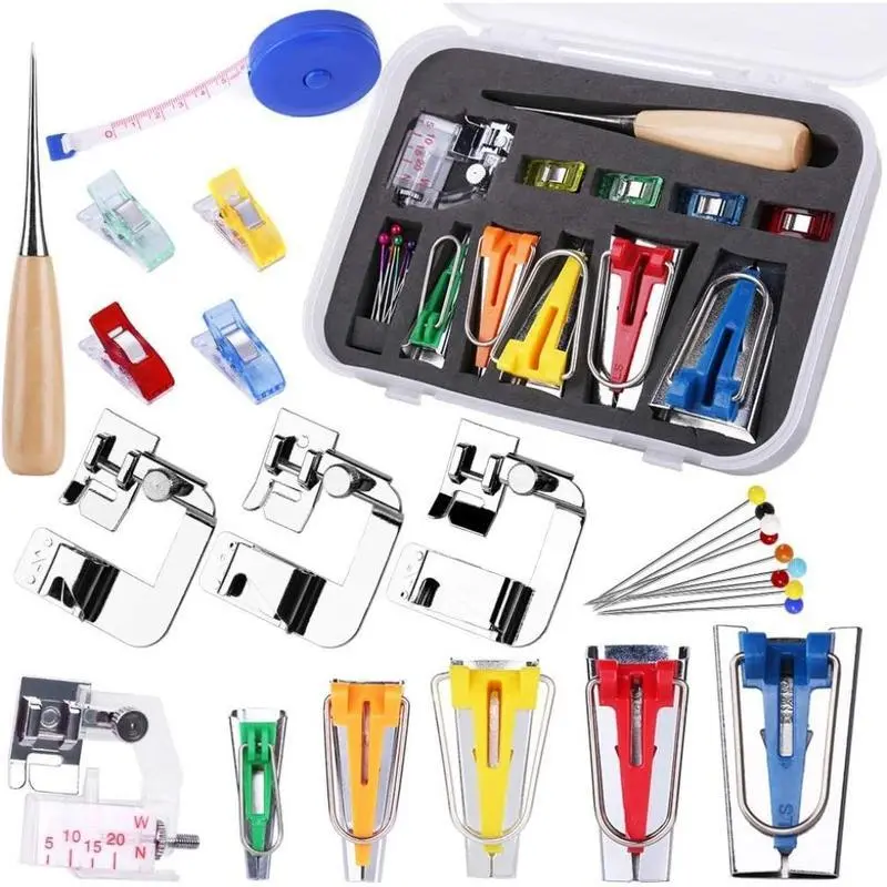 Bias Tape Tool Kit with Instruction. 5 Sizes Bias Tape Maker (6mm, 9mm, 12mm, 18mm, 25mm). 4 Pcs Sewing Machine Presser Foot, Sewing Clips, Ball Point Pins, Awl for Fabric Sewing and Quilting Bias Tape Tool Kit with Instruction. 5 Sizes Bias Tape Maker (6mm, 9mm, 12mm, 18mm, 25mm). 4 Pcs Sewing Machine Presser Foot, Sewing Clips, Ball Point Pins, Awl for Fabric Sewing and Quilting