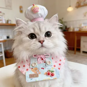 Pet Chef Costume Apron & Hat Set for Cats Dogs Strawberry Print Adjustable Cute Pet Outfit Photography Prop Holiday Party Cosplay Pet Accessories